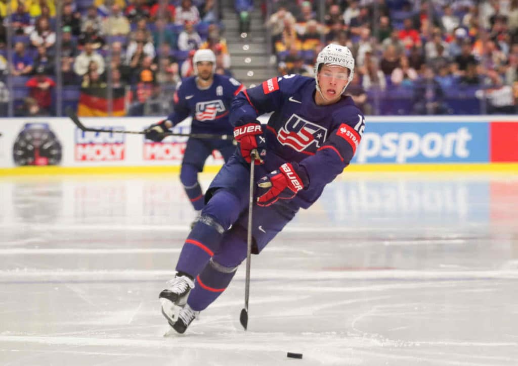 Feiert die USA (im Bild: Matthew Boldy) gegen Polen den nächsten Kantersieg bei der Eishockey WM?